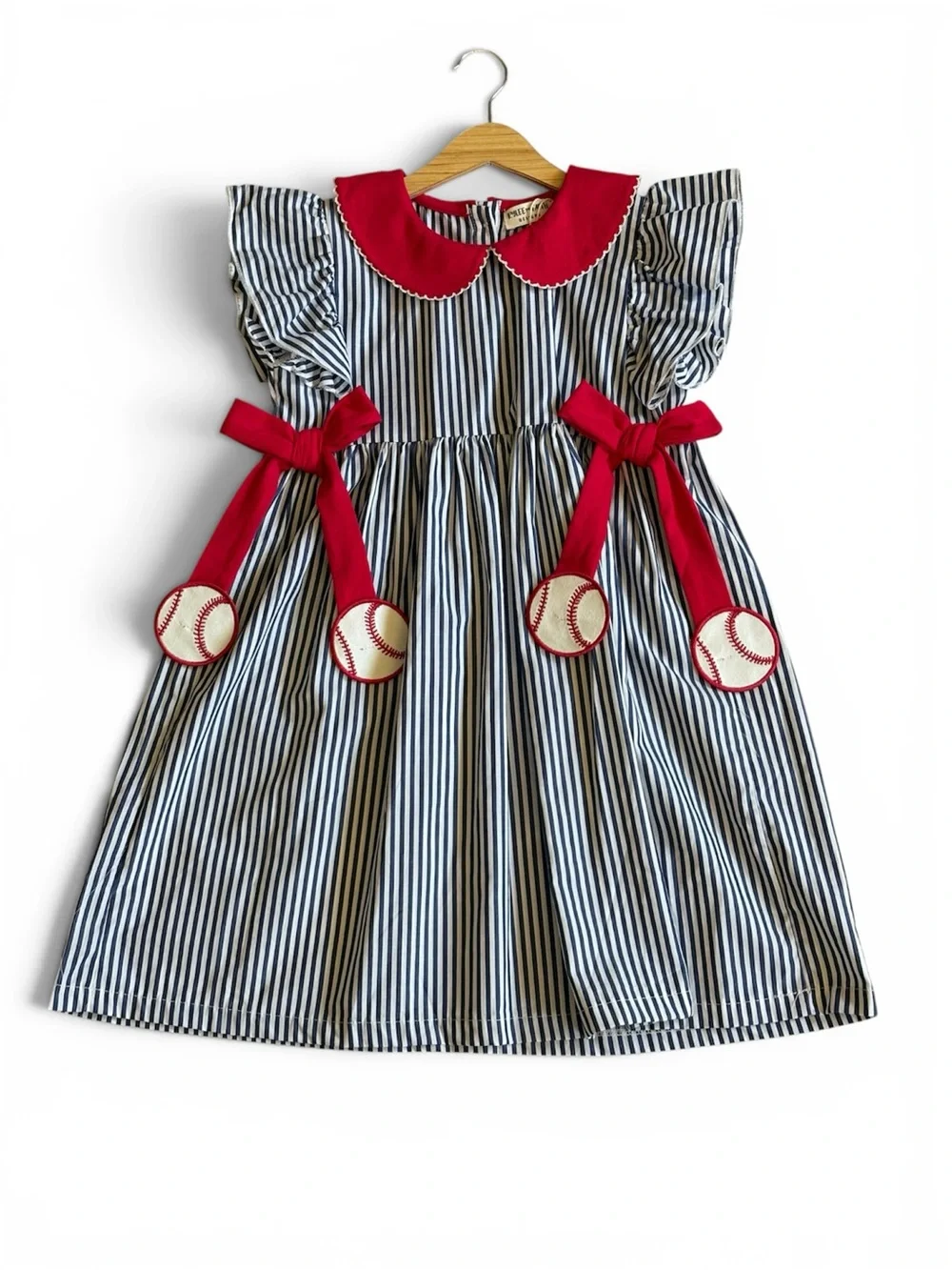 Rylee Faith Navy Stripe Dress W/ Red Collar and Baseball Appliqués, 6t, 7
